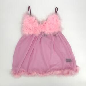 Y2K Pink Marabou Feather Sheer Babydoll Mini Dress Coquette Lolita Lingerie